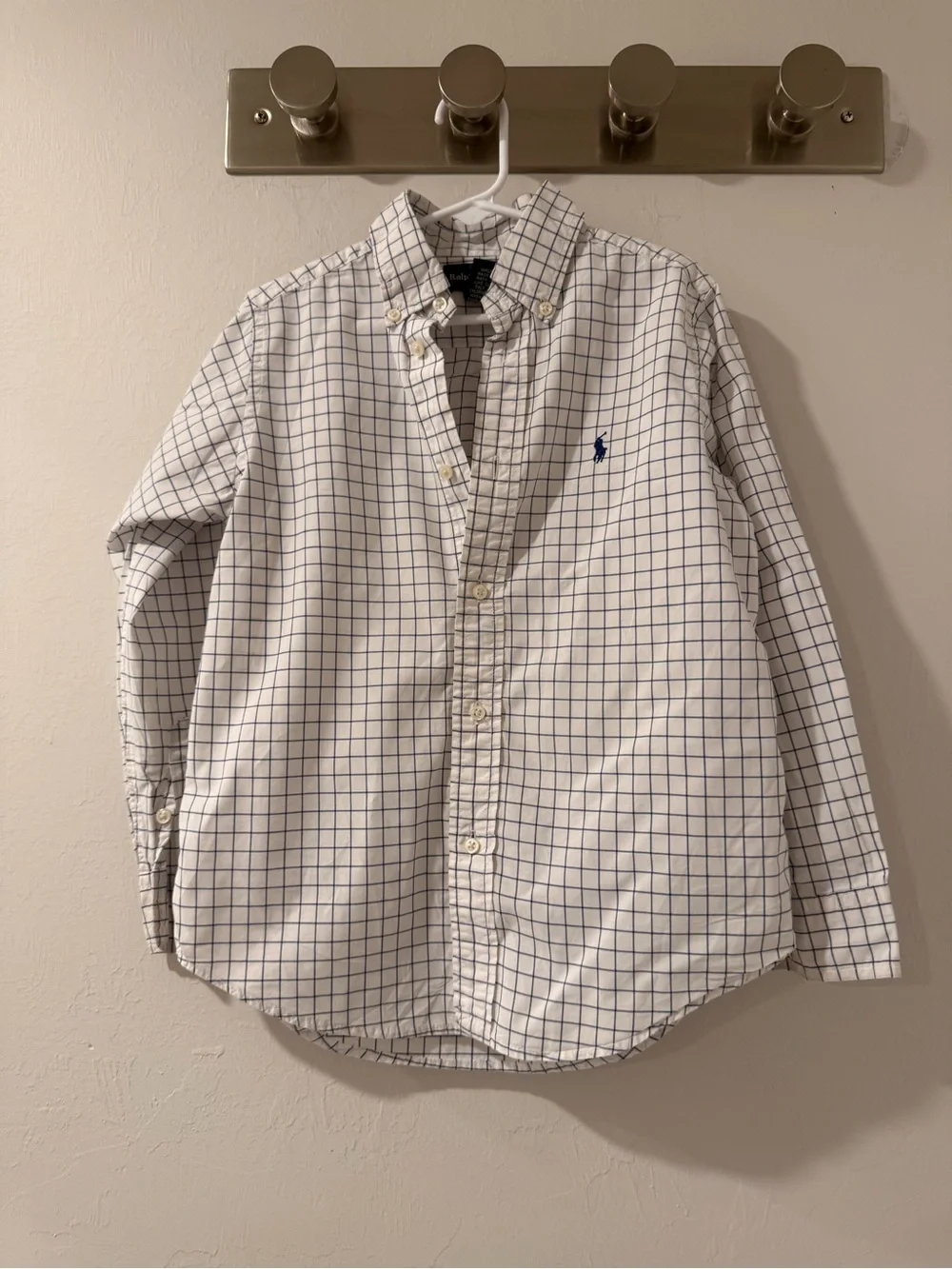 Boys Ralph Lauren Boy 6 White Preppy Button-Down Shirt with Blue Windowpane Plai